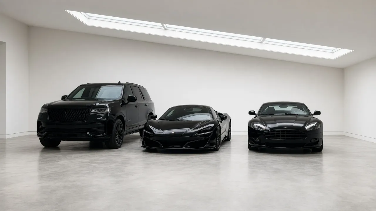 Three black cars side by side in a white garage under a long skylight
