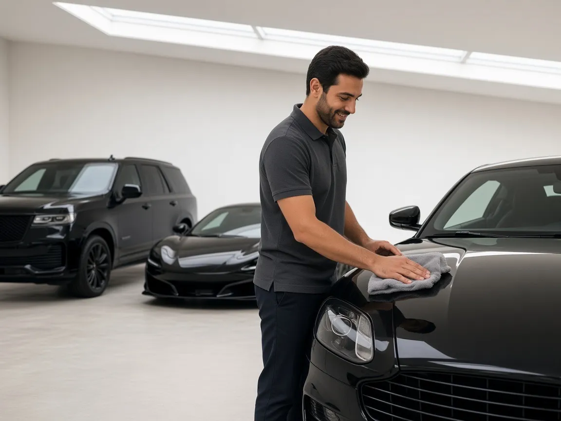 A detailer in a grey polo drying the bonnet of a black car by hand, in a white garage under a skylight