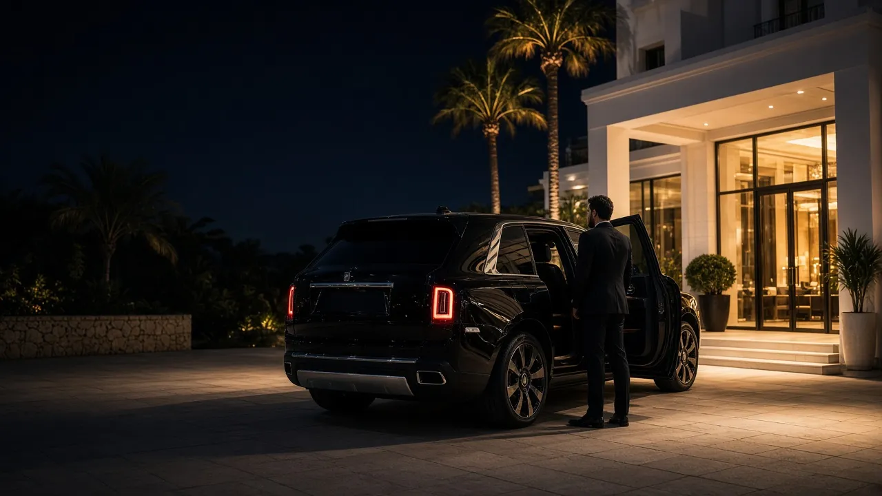 A chauffeur in a dark suit holding the rear door of a black Rolls-Royce Cullinan outside a lit villa at night