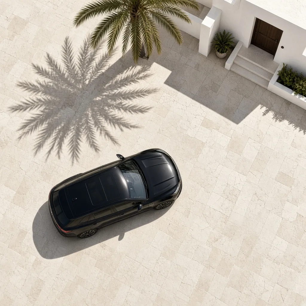 A black SUV from above, parked on pale stone outside a white villa