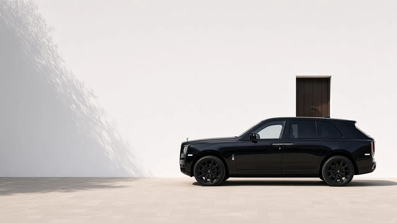 A black Rolls-Royce Cullinan parked side on against the long white wall of a villa