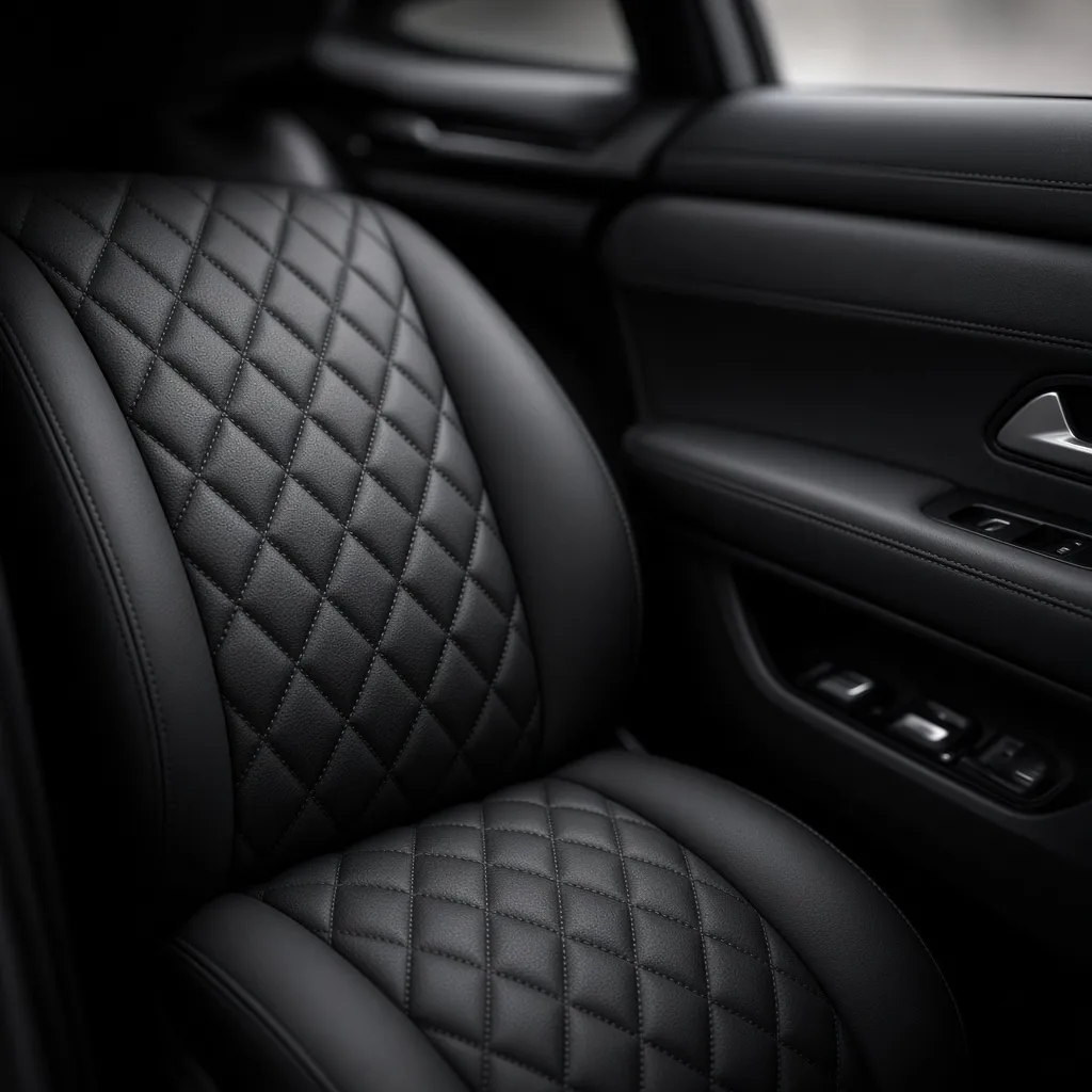 Black quilted leather seats and a stitched door panel