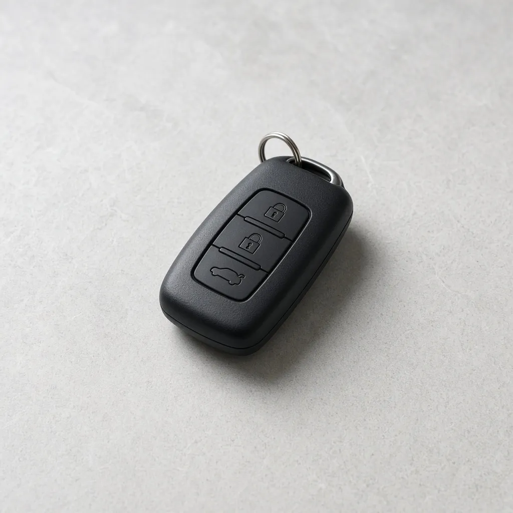 A black car key on a pale stone surface