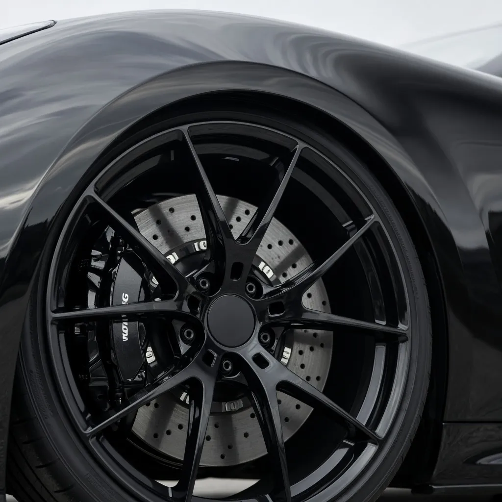 The black wheel and carbon ceramic brake of a black supercar