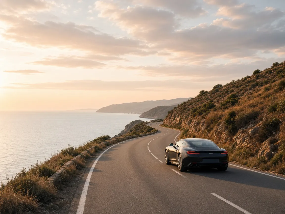 A black grand tourer on a coastal road above the sea at golden hour