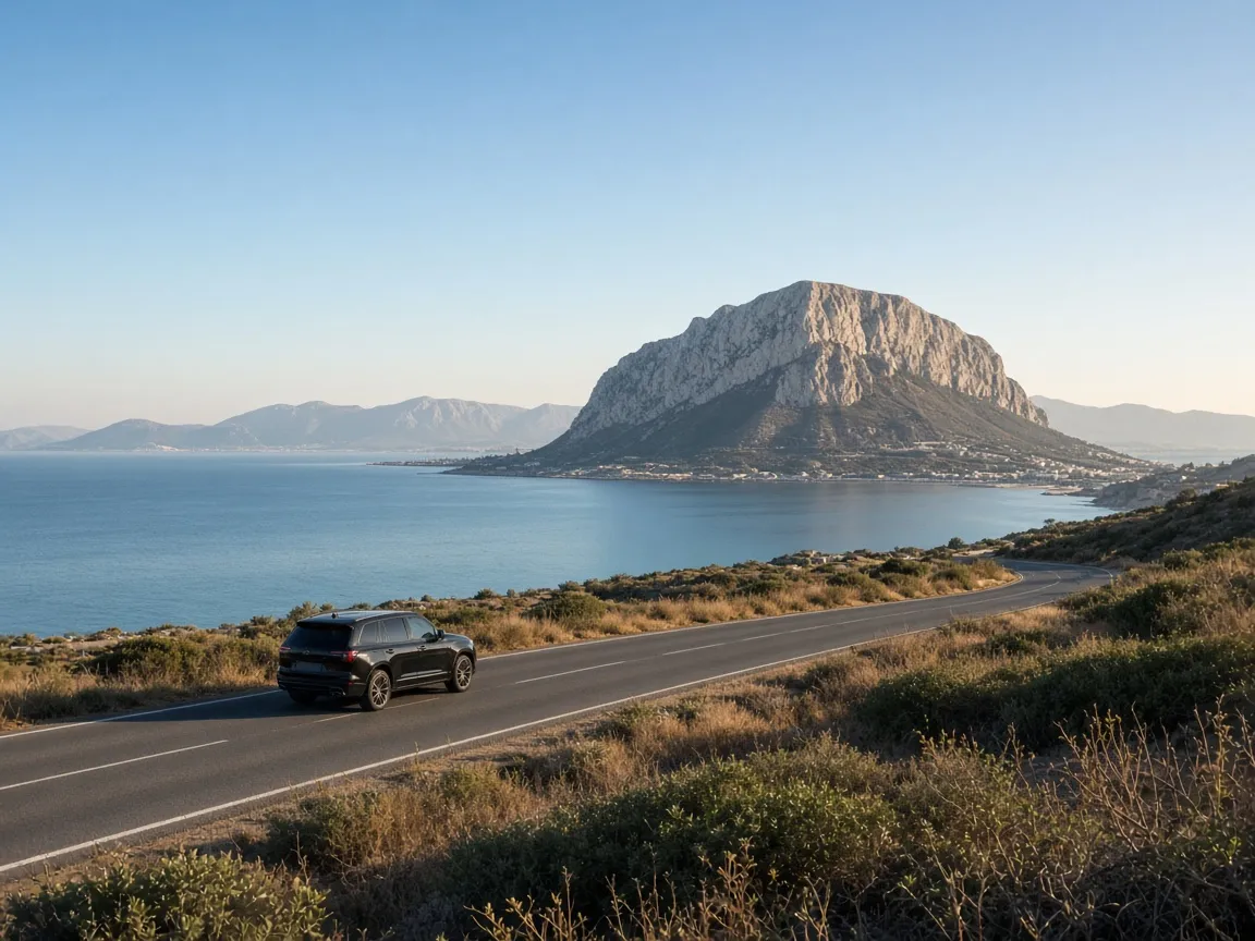 A black SUV on a coastal road with a great rock rising across the bay