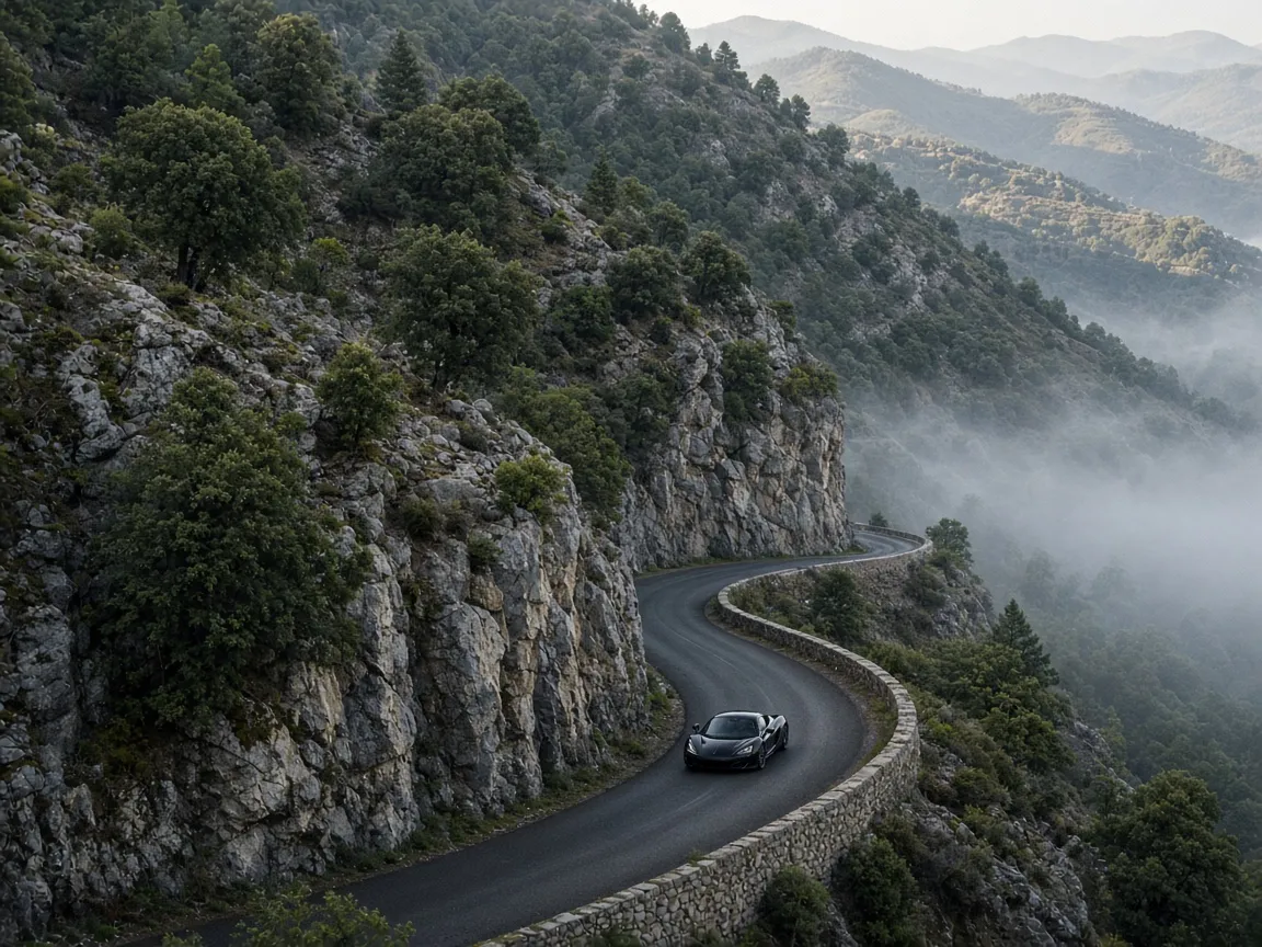 A black supercar on a narrow mountain road with a stone wall and mist in the valley