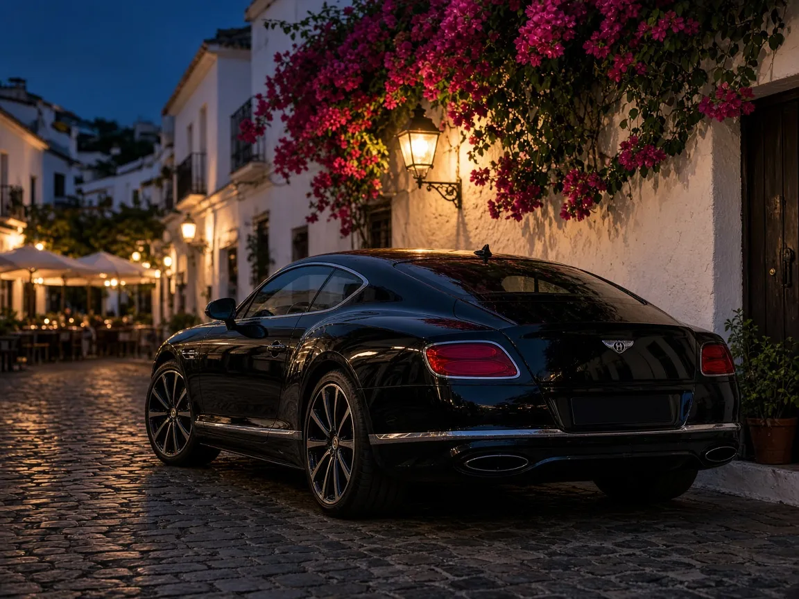 A black grand tourer on a cobbled street of white houses and lanterns at dusk