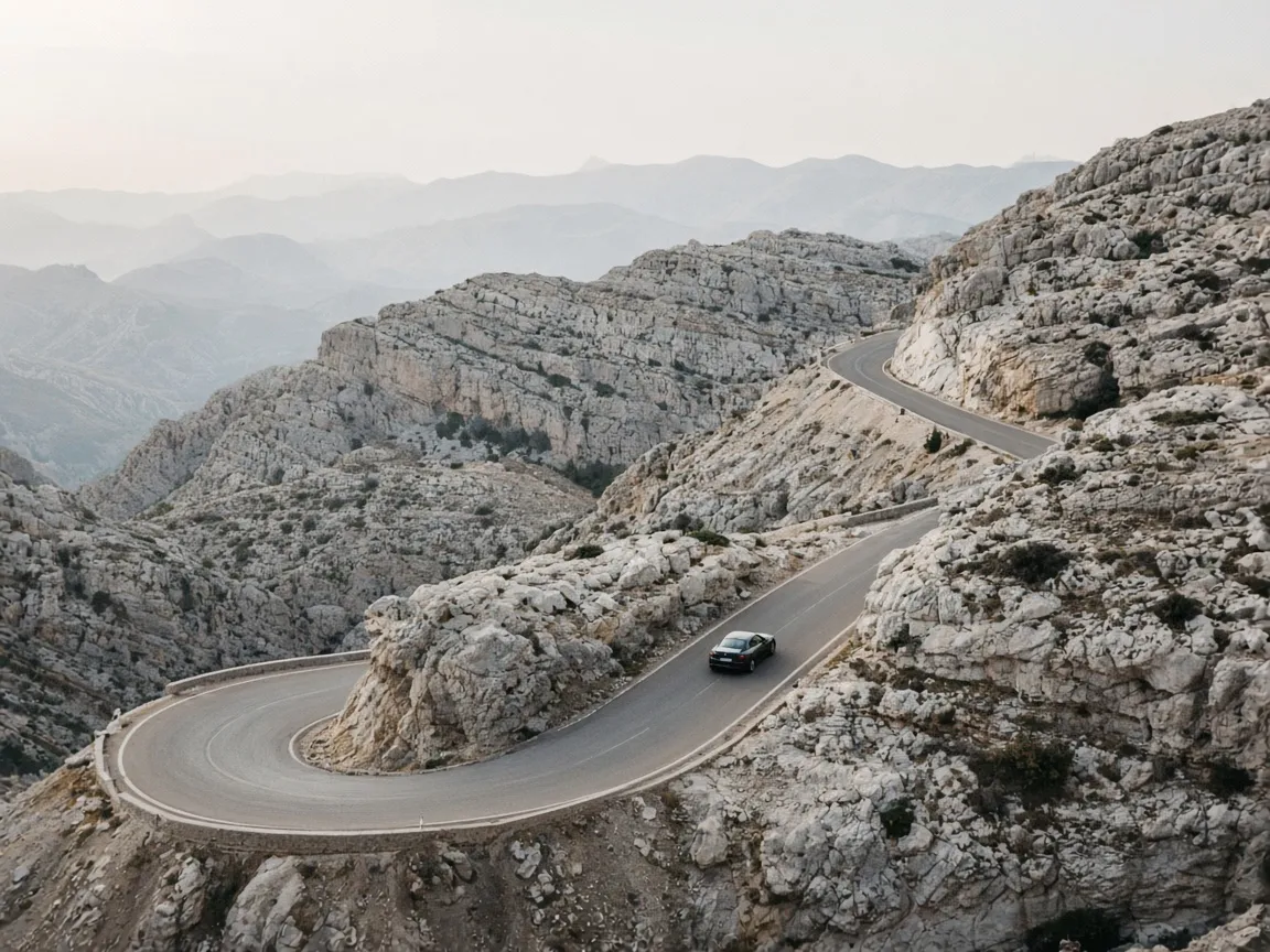 A black car on a hairpin road through pale limestone mountains