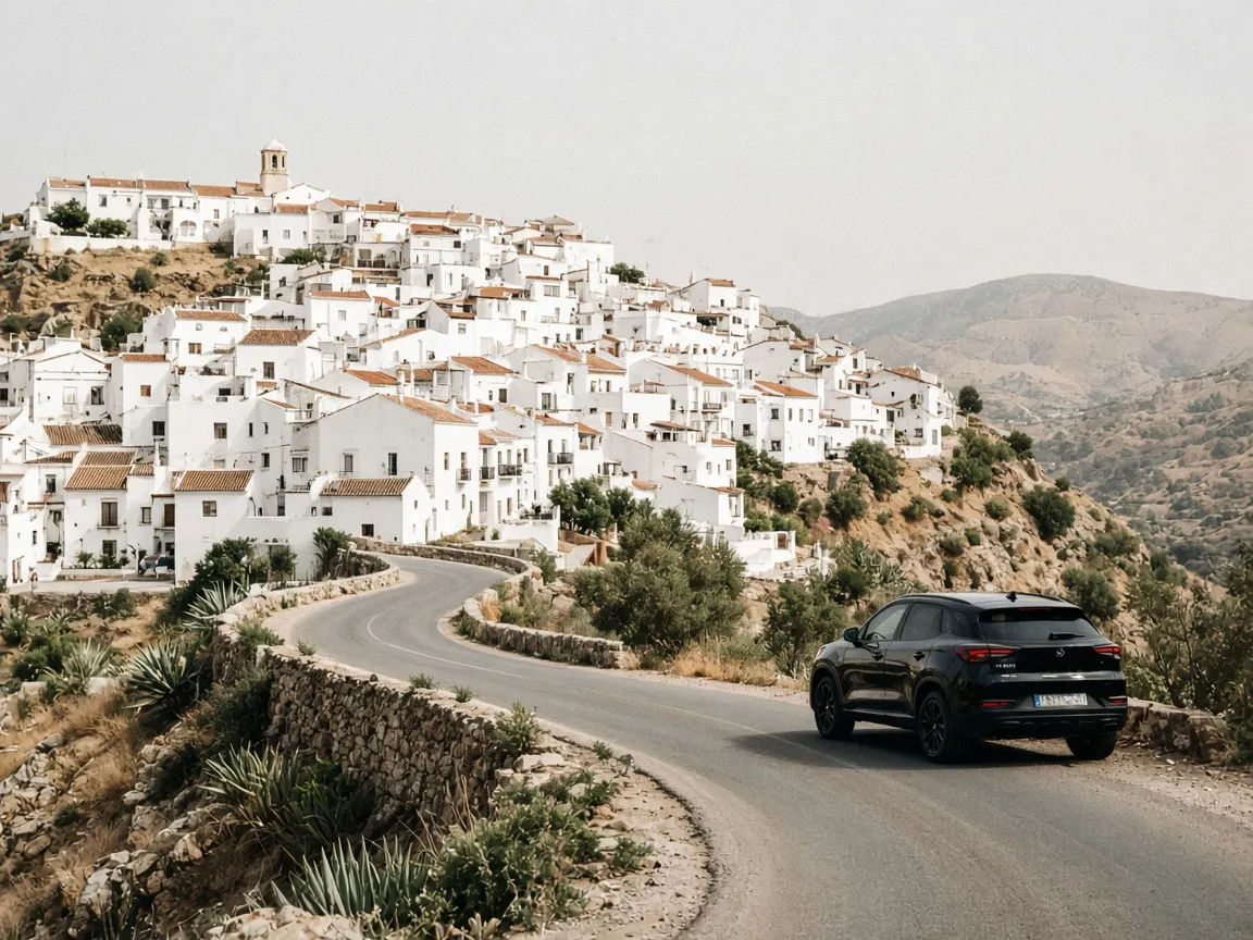 A black SUV on a road below a white hill village