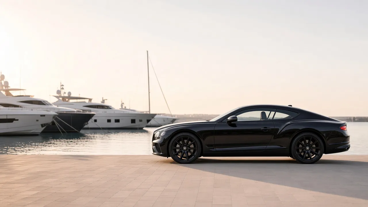 A black Bentley Continental GT parked side on along the quay at Puerto Banús, with white yachts behind